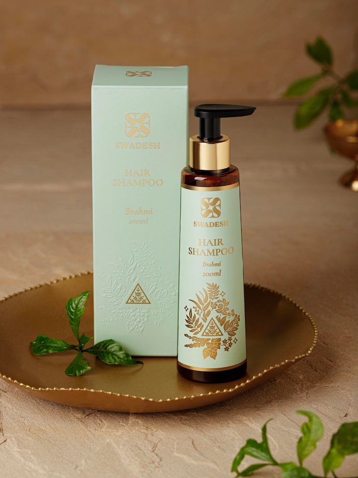 Side view of Hair Shampoo Brahmi highlighting the product label and its natural ingredients