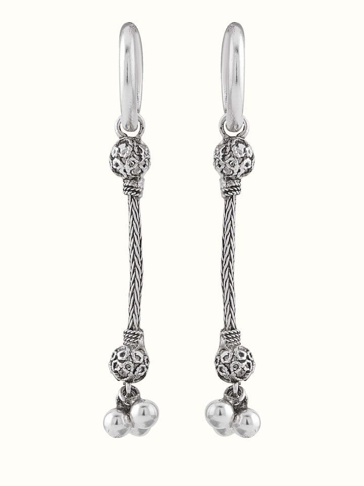 Front view of Silver Drop Earrings showcasing their elegant design and shiny silver finish