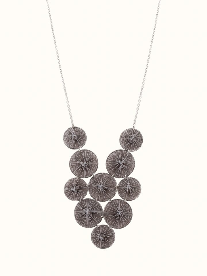 Front view of String Craft Long Necklace featuring unique string design and length.