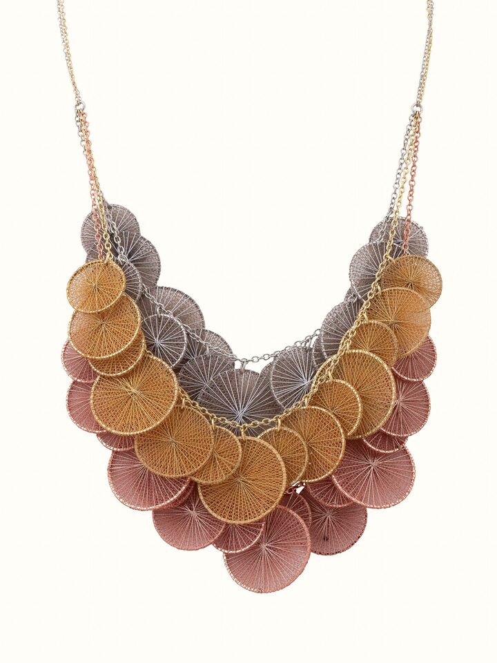 Front view of String Craft Long Necklace featuring colorful handcrafted beads
