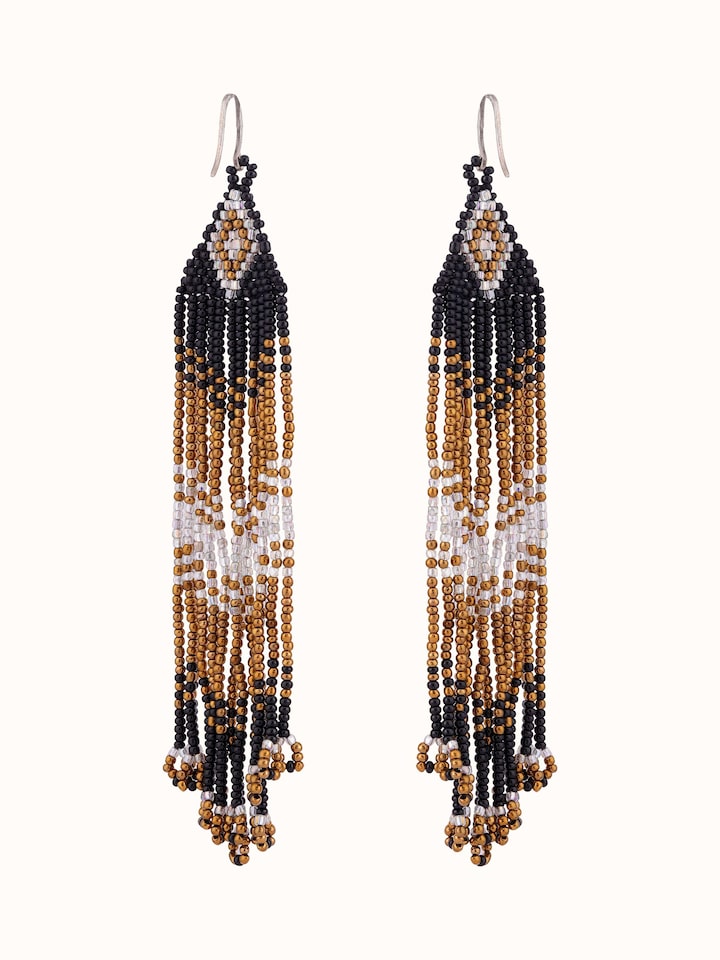 Front view of Silver Smithing Drop Earrings featuring intricate silver detailing.