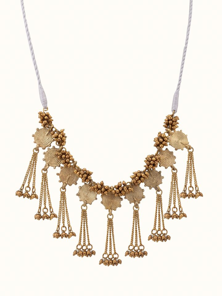 Front view of Dhokra Collar Necklace featuring traditional Dhokra craftsmanship and intricate metalwork.