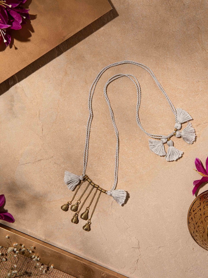 Close-up of Dhokra Long Necklace highlighting the detailed Dhokra metal patterns and craftsmanship.