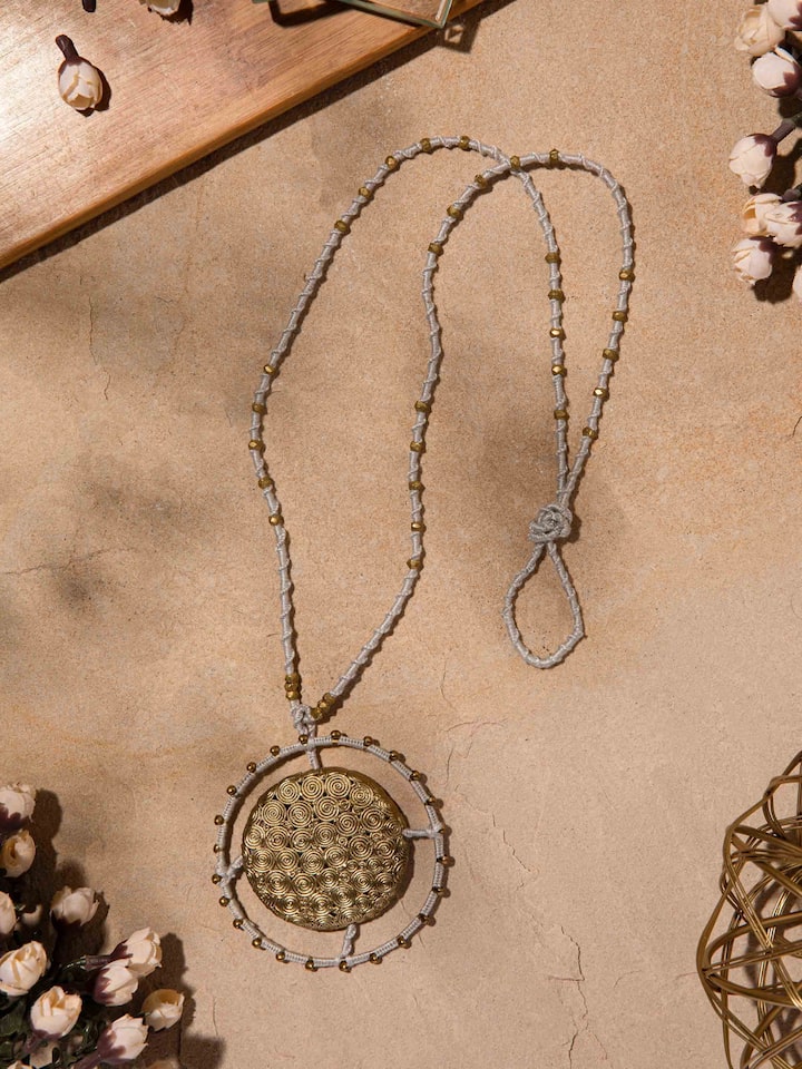 Close-up view of Dhokra Long Necklace emphasizing the fine details and craftsmanship of the Dhokra art.