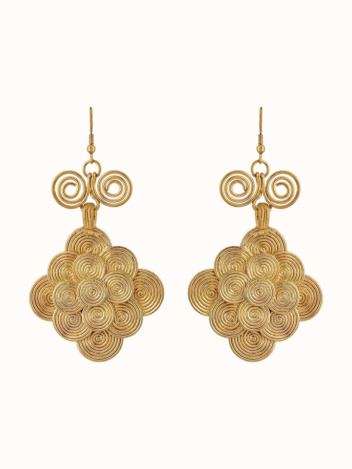 Front view of Dhokra Drop Earrings showcasing traditional handcrafted design and artistry.