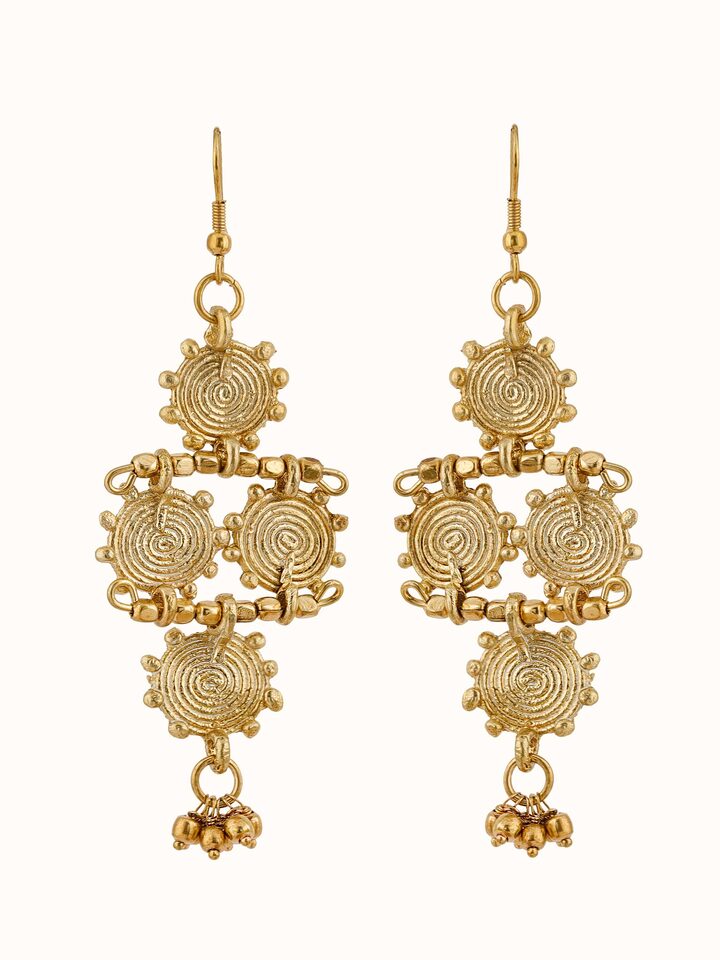 Front view of Dhokra Drop Earrings showcasing traditional Dhokra metalwork with intricate designs and drop earring style.