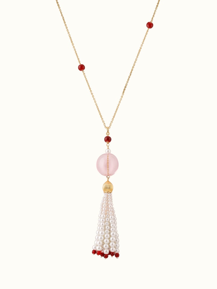 Front view of Silver Flame Glass Long Necklace showcasing vibrant glass elements and elegant silver setting by Swadesh