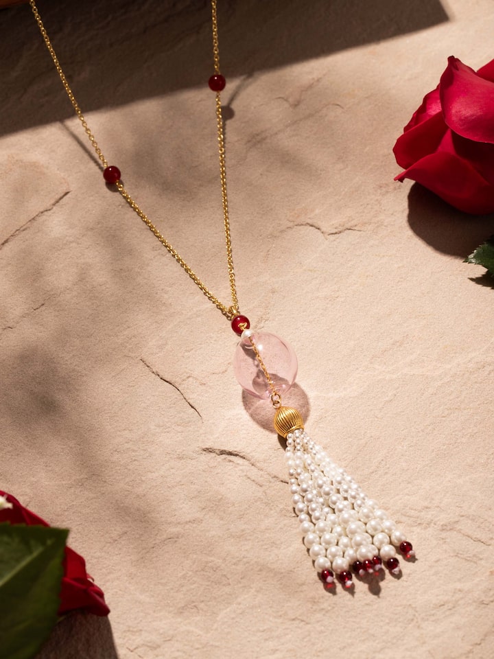 Side view of Silver Flame Glass Long Necklace highlighting the interplay of glass and silver design by Swadesh
