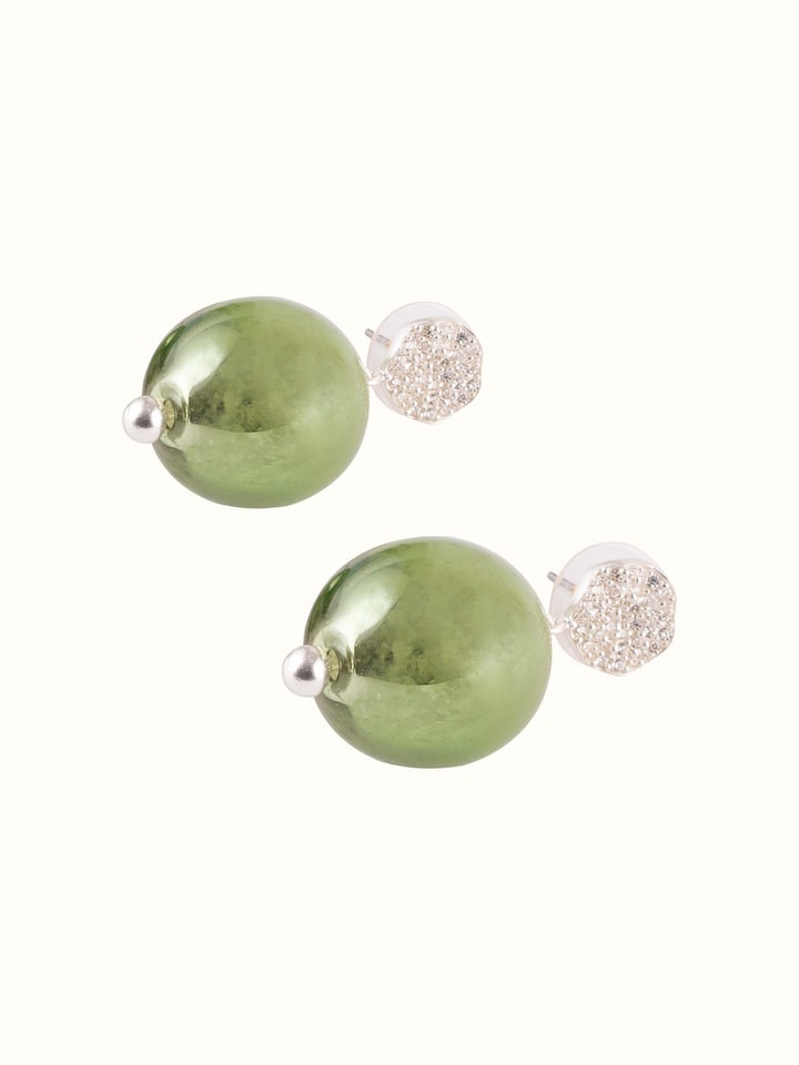 Overview of Silver Flame Glass Drop Earrings showing the complete piece laid out