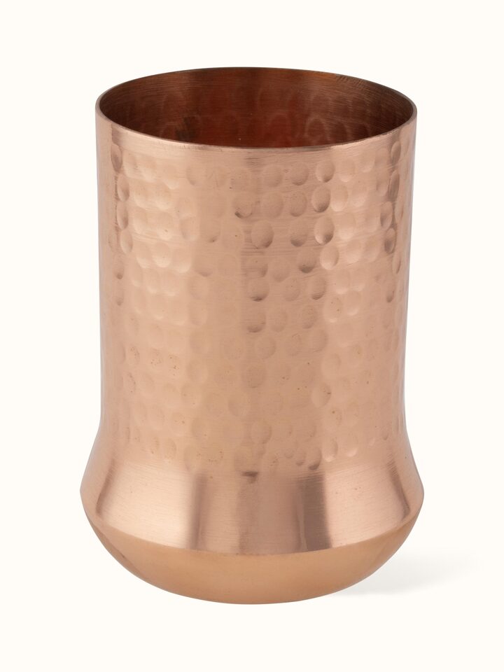Front view of elegant copper metal glass with a polished finish and sleek design.