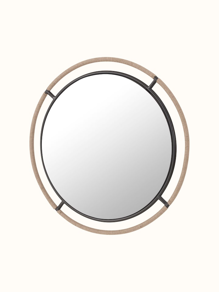 Angled view of Jute & Metal Frame Wall Mirror, emphasizing the unique design combining natural fibers with metal accents.