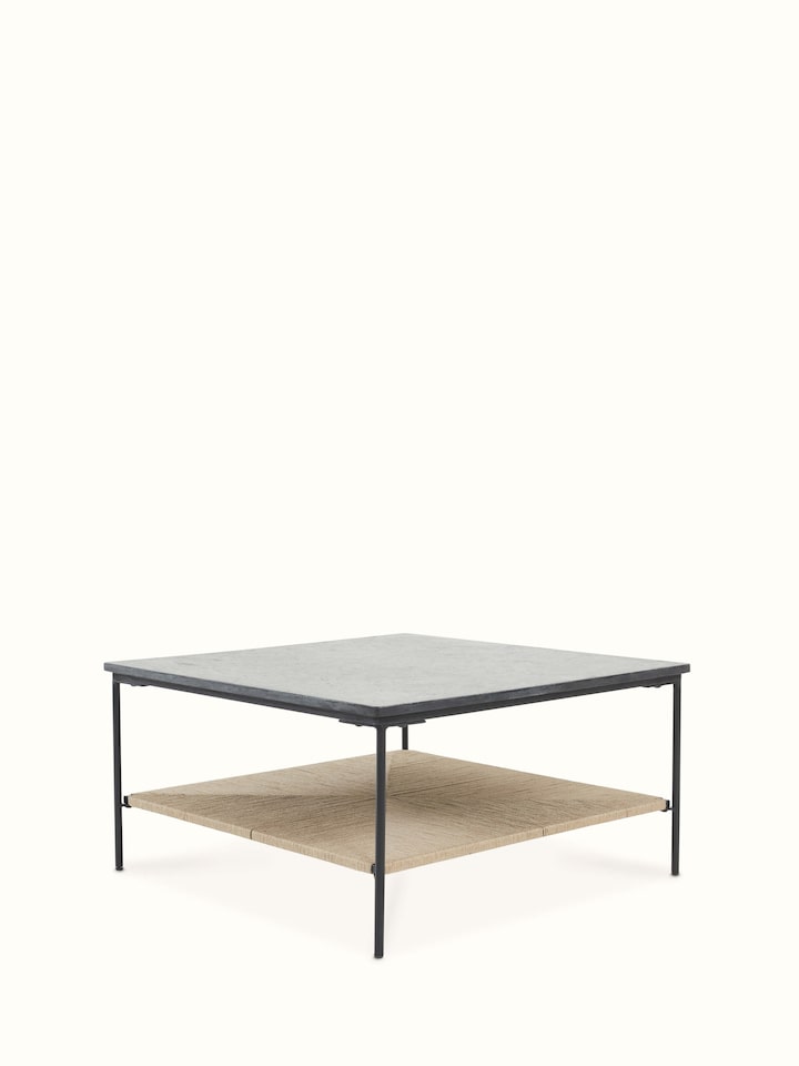 Angled view of Jute & Marble coffee table emphasizing the high-quality marble top and textured jute base for a balanced aesthetic.