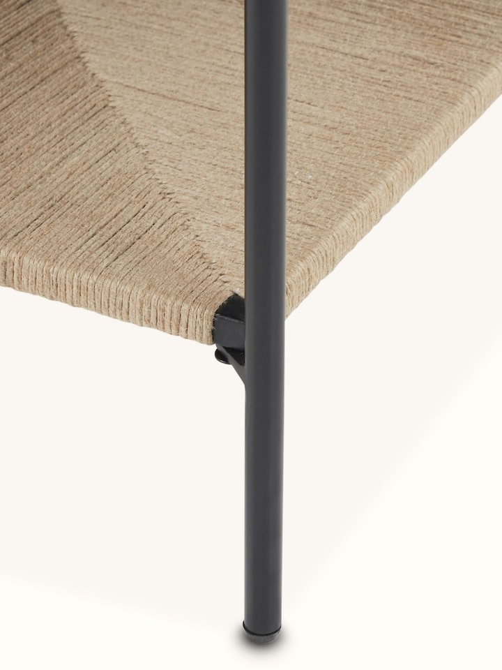 Detailed view of Jute & Marble coffee table showcasing the contrasting materials of marble and jute, with fine craftsmanship.