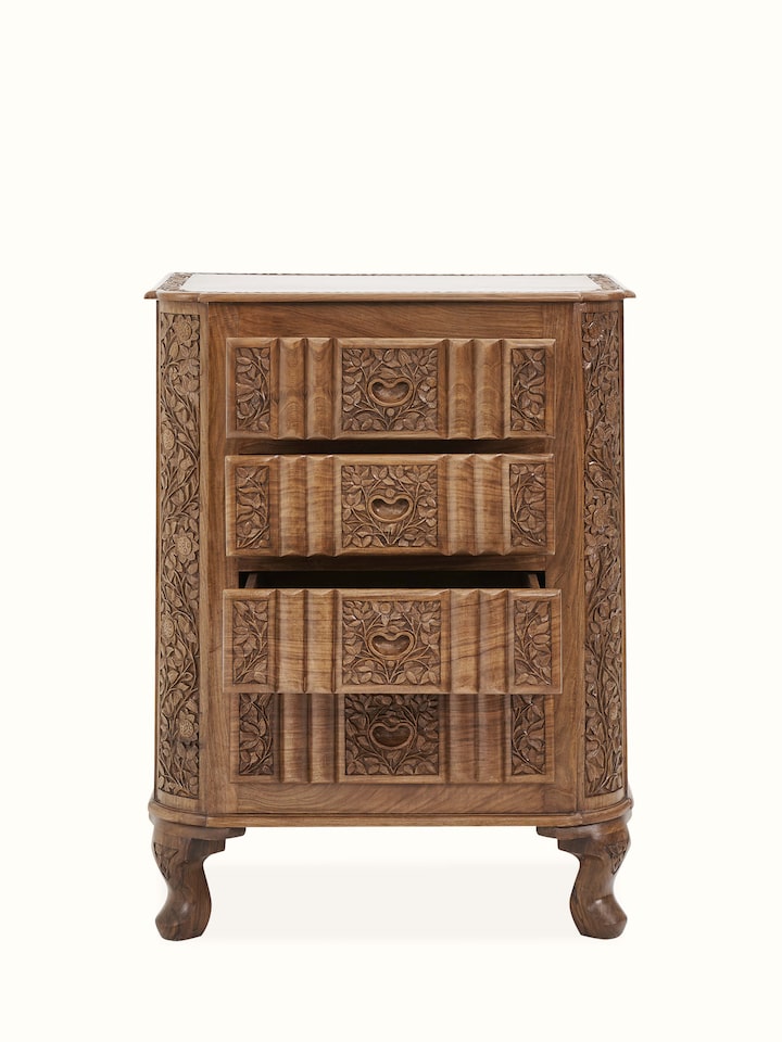 Open view of carved walnut drawer chest, highlighting storage capacity and detailed interior