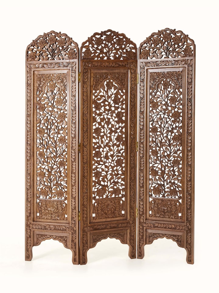 Front view of Carved Walnut Wood Partition Screen showing the front design and silhouette