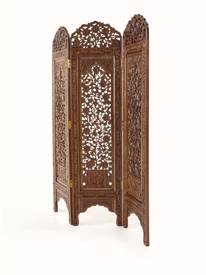 Close-up view of Carved Walnut Wood Partition Screen highlighting the inlay work and craftsmanship detail