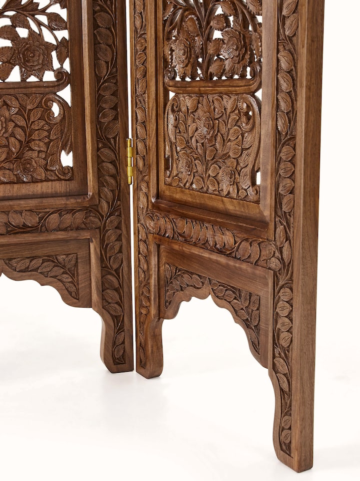 Detail view of Carved Walnut Wood Partition Screen highlighting the woodwork and finish detail