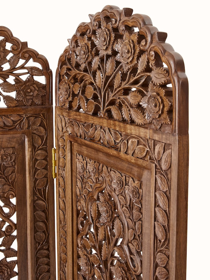 Detail view of Carved Walnut Wood Partition Screen highlighting the woodwork and finish detail, from a different angle