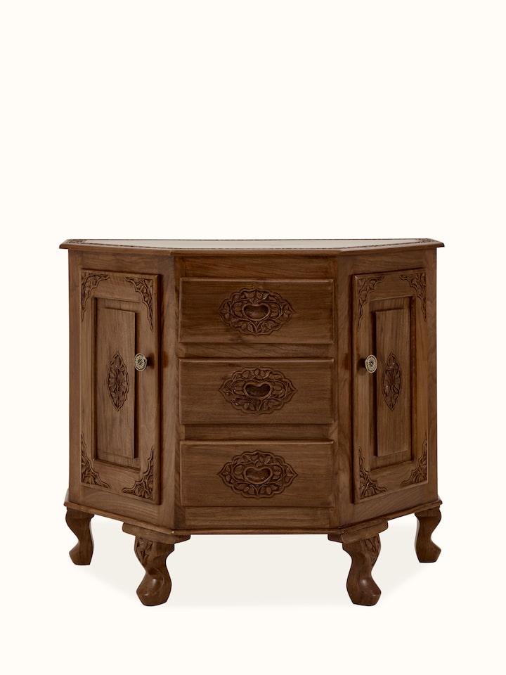 Front view of the natural finish carved walnut wood sideboard with three drawers, showcasing its elegant design