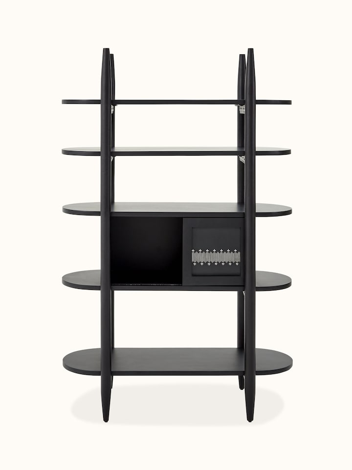 Front view of mango wood and metal bookshelf with Bidriware inlay