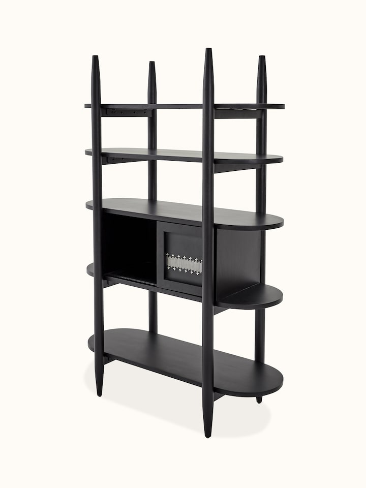 Close-up of the Bidriware inlay on the mango wood and metal bookshelf