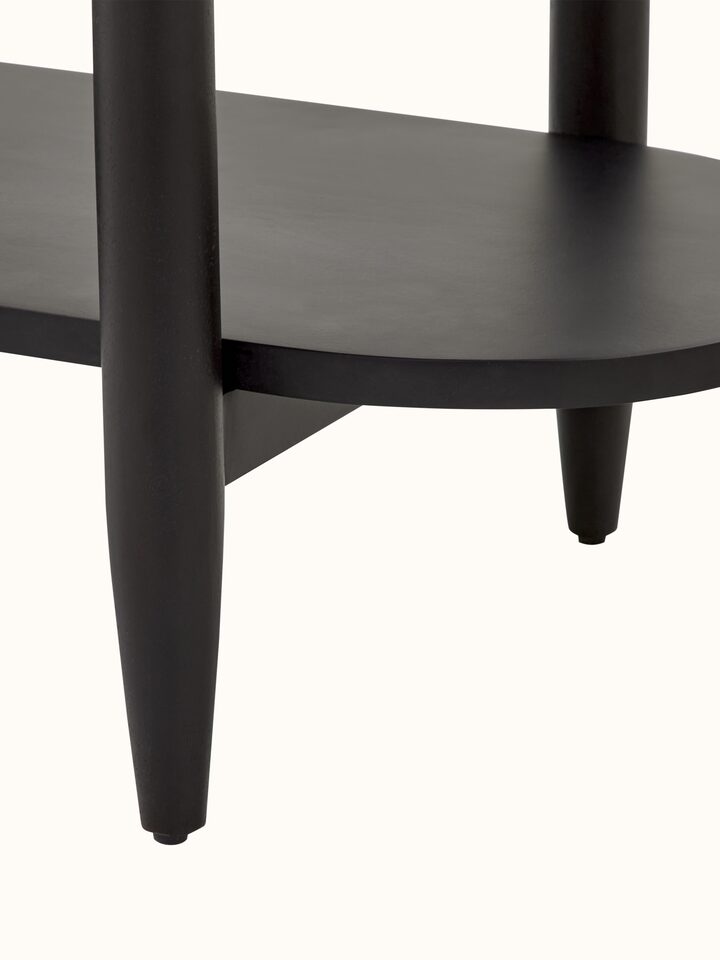 Angle view of the mango wood and metal bookshelf with Bidriware inlay