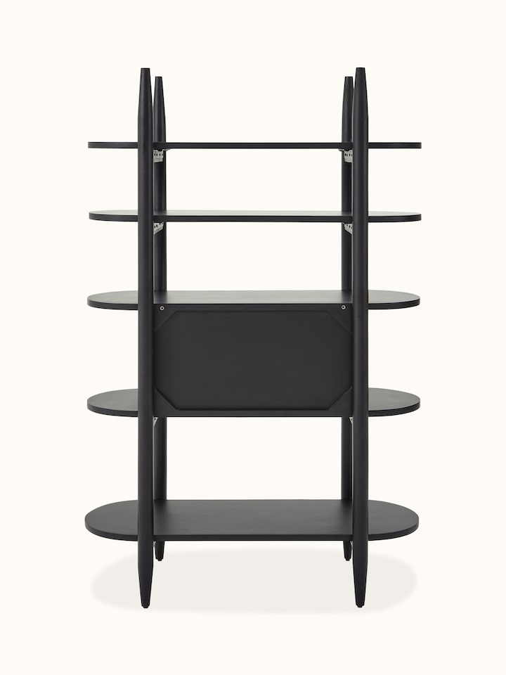 Overall view of the bookshelf highlighting the mango wood, metal, and Bidriware elements