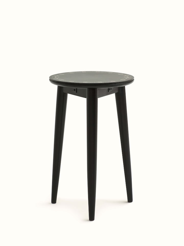 Front view of Swadesh Mango Wood Bidri Side Table highlighting its traditional Bidri work and mango wood craftsmanship