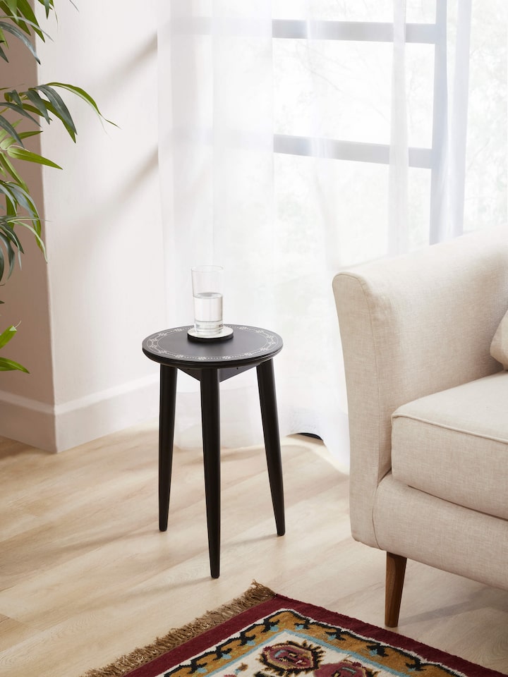 Side view of Swadesh Mango Wood Bidri Side Table displaying fine Bidri craftsmanship and smooth wooden structure