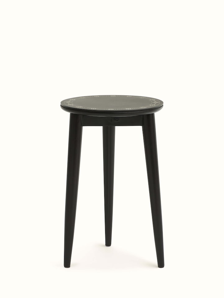 Angled view of Swadesh Mango Wood Bidri Side Table showcasing its elegant design and intricate Bidri inlays