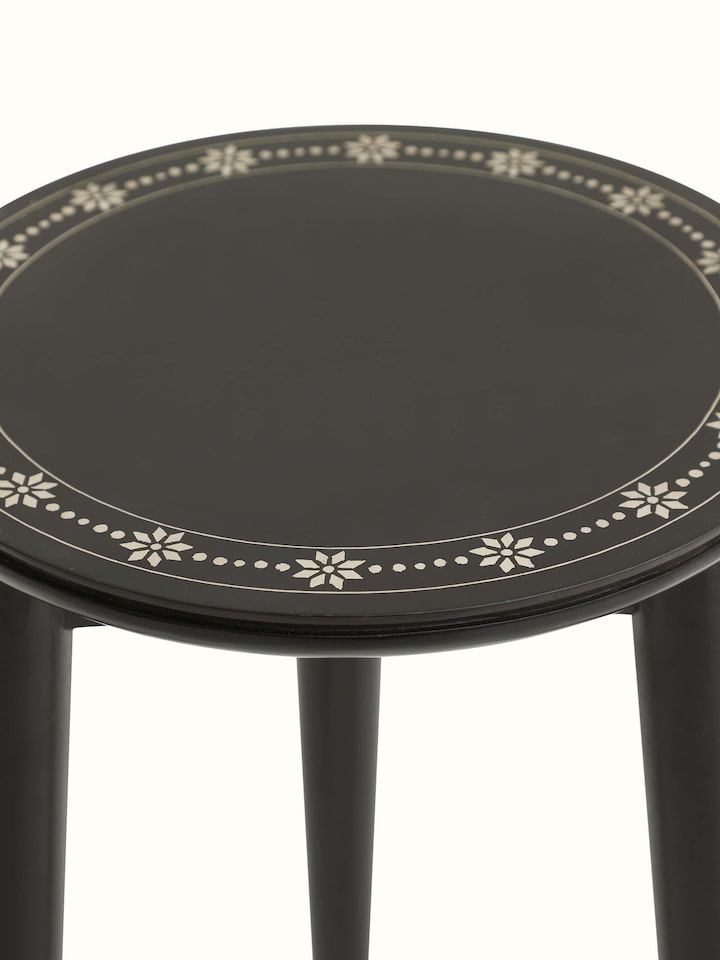 Side view of Swadesh Mango Wood Bidri Side Table with elegant design and fine craftsmanship