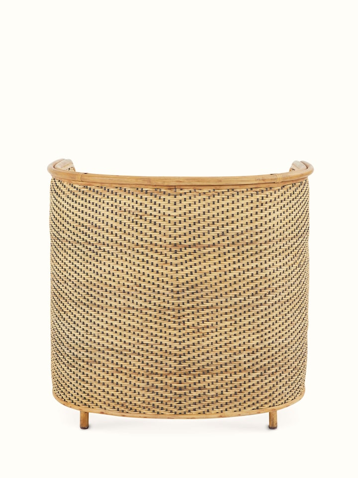Close-up of Upholstered Cane Armchair seat fabric showing the fine upholstery and design