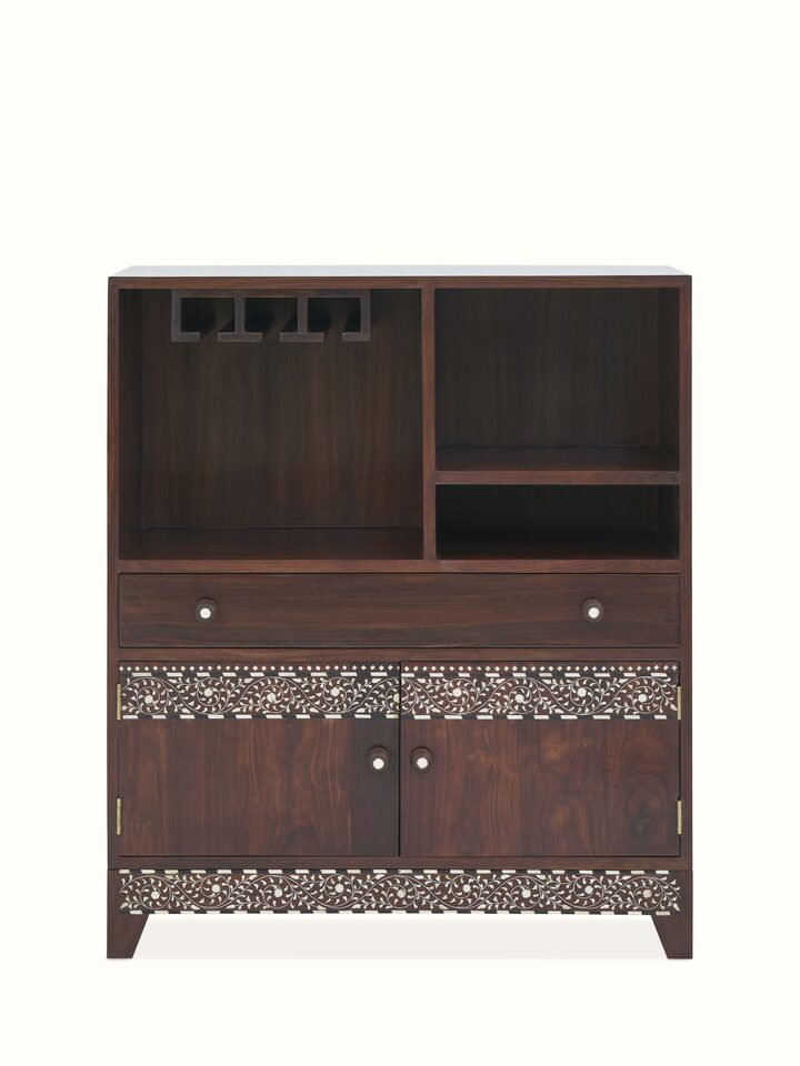 Sheesham wood bar cabinet with bone inlay detailing, showcasing the front view and intricate patterns
