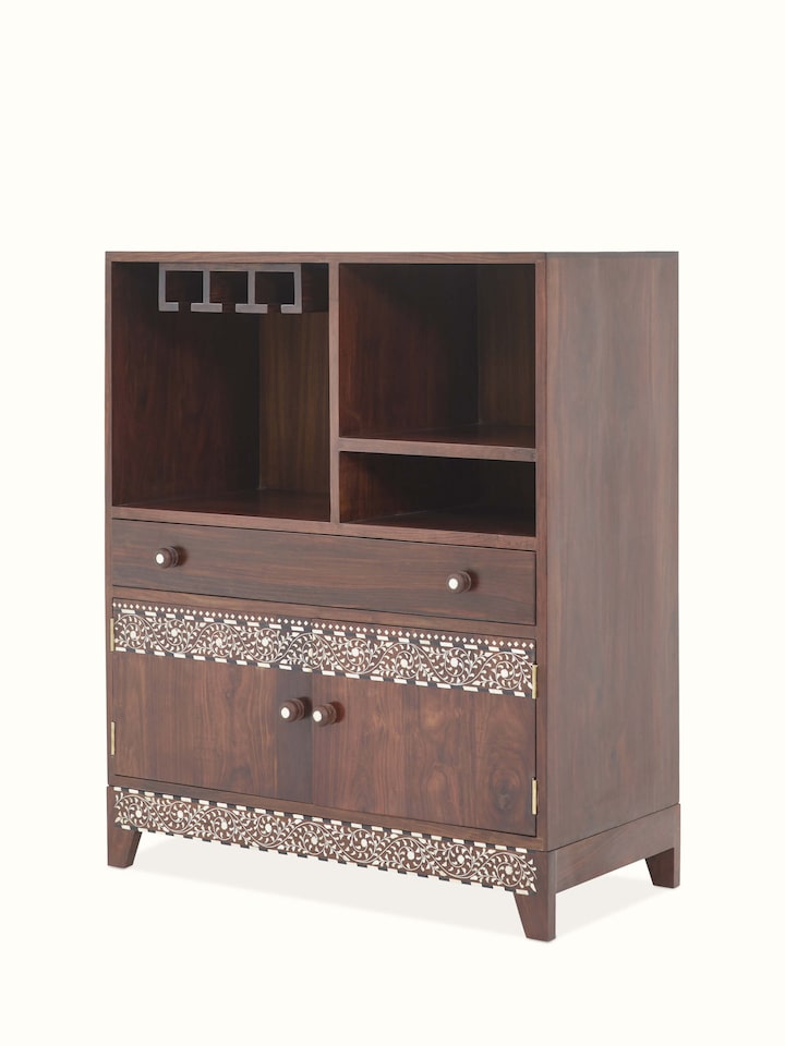 Angled view of the Sheesham wood and bone inlaid bar cabinet, highlighting the design and craftsmanship