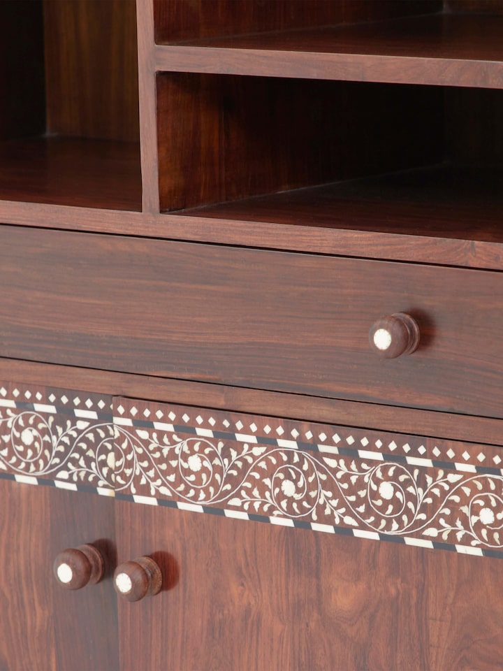 Bottom view of the Sheesham wood bar cabinet with bone inlay, showing the base and detailed inlay work