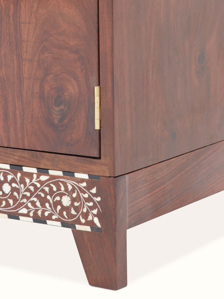 Close-up of the bone inlay design on the Sheesham wood bar cabinet, highlighting the detailed patterns
