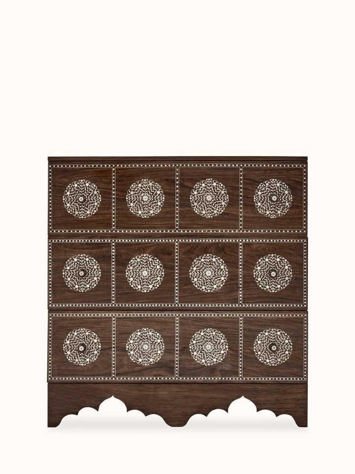 Front view of Sheesham Wood & Bone Inlay Chest of Drawers showing the front design and silhouette