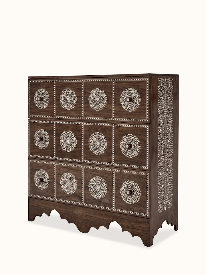 Close-up view of Sheesham Wood & Bone Inlay Chest of Drawers highlighting the inlay work and craftsmanship detail