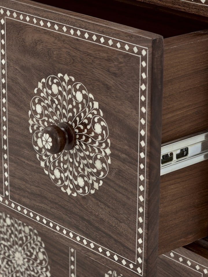 Detail view of Sheesham Wood & Bone Inlay Chest of Drawers highlighting the woodwork and finish detail