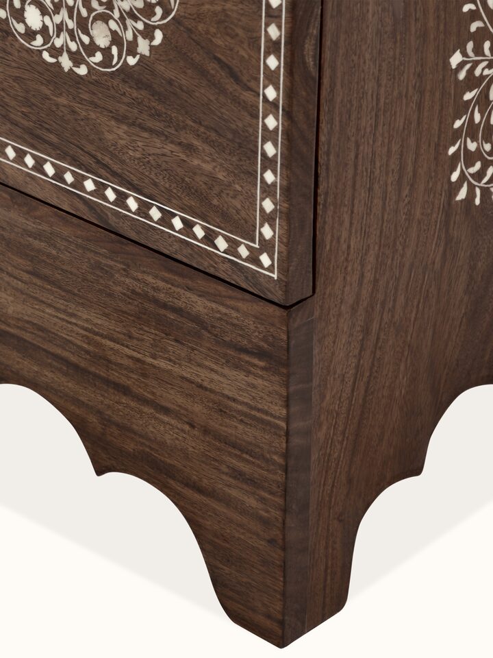 Detail view of Sheesham Wood & Bone Inlay Chest of Drawers highlighting the woodwork and finish detail, from a different angle