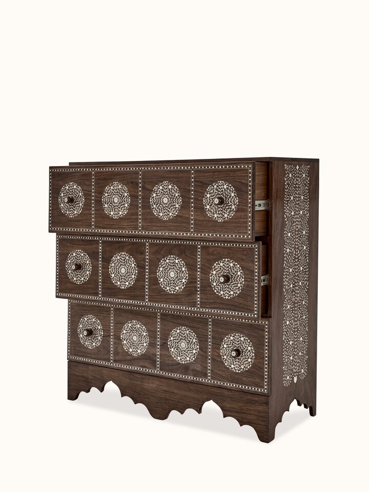 Overview of Sheesham Wood & Bone Inlay Chest of Drawers showing the complete piece