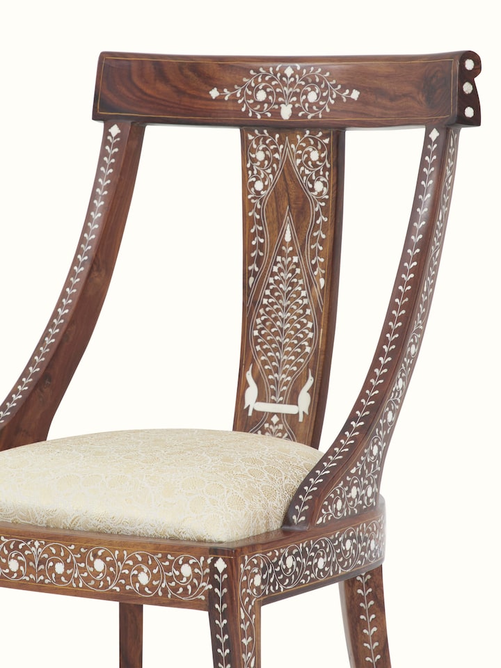Top view of Upholstered Sheesham Wood Bone Inlay Dining Chair, highlighting the upholstery and intricate bone inlay details