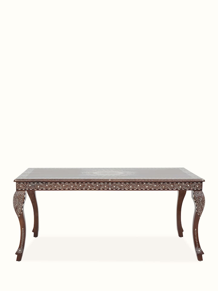 Front view of Sheesham Wood Bone Inlaid 6-Seater Dining Table, showcasing intricate bone inlay details and elegant design