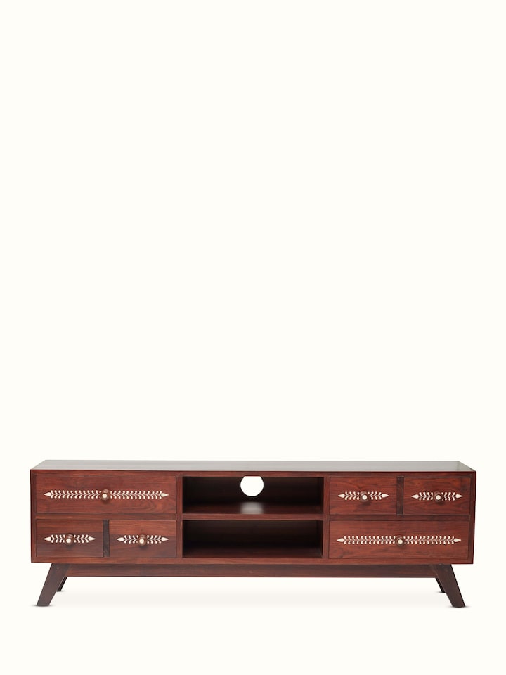 Front view of the bone inlaid Sheesham wood entertainment unit, highlighting its intricate design and craftsmanship.