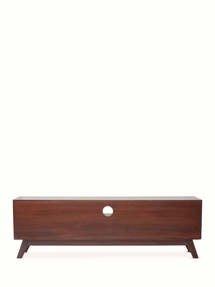 Overall view of the Sheesham wood entertainment unit in a room setting, illustrating its size and decorative appeal.