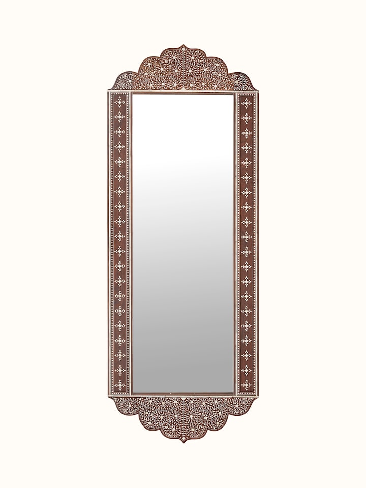 Full-length view of Sheesham Wood Mirror with Bone Inlay, showcasing the ornate frame and elegant design