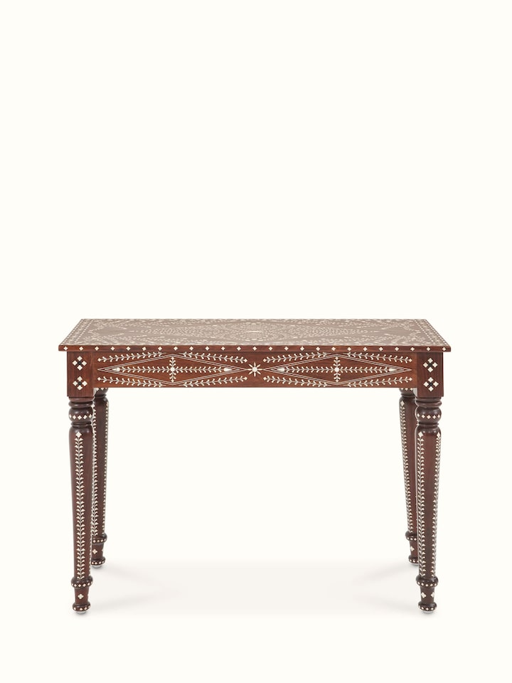 Top view of bone inlaid sheesham wood study table, showcasing the smooth tabletop and inlay design.