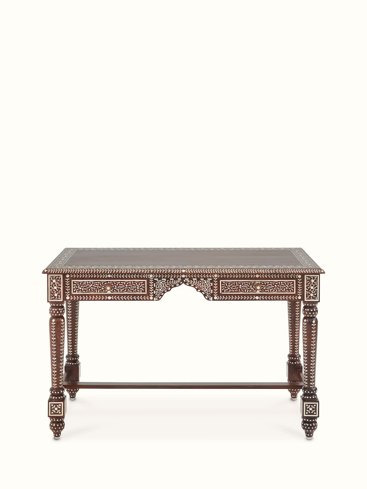 Front view of Swadesh Bone Inlay Sheesham Wood Study Table showcasing its intricate bone inlay design and two drawers