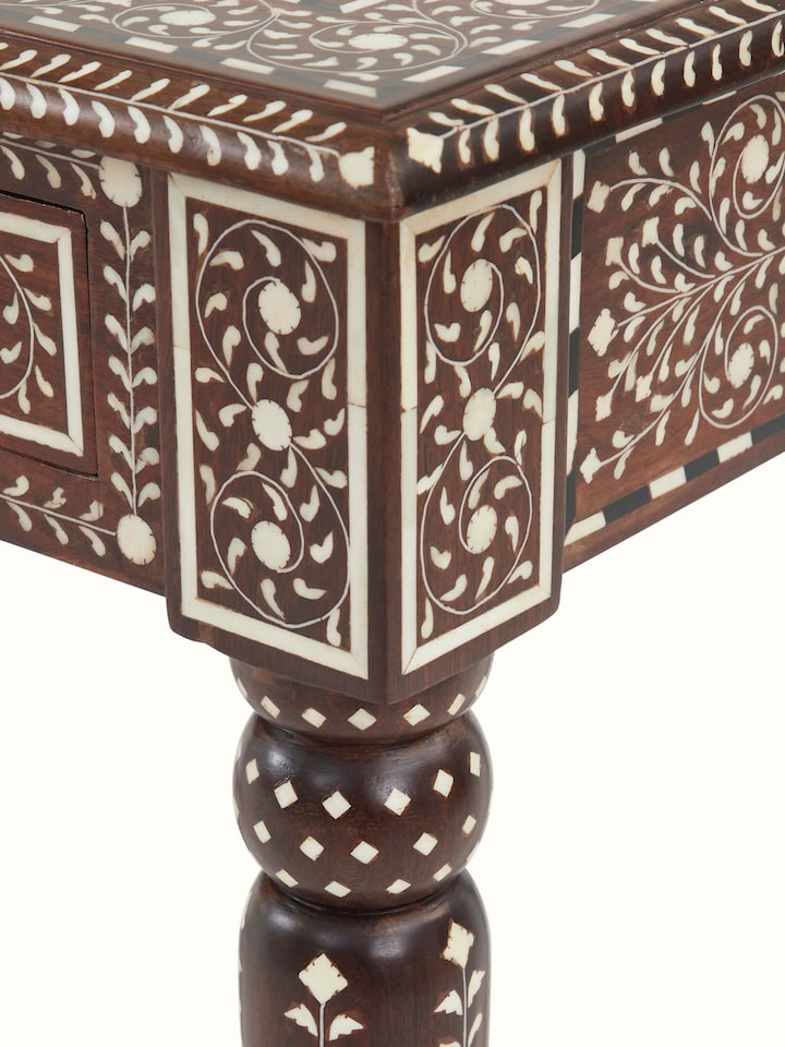Detailed back view of Swadesh Bone Inlay Sheesham Wood Study Table emphasizing its elegant design and craftsmanship