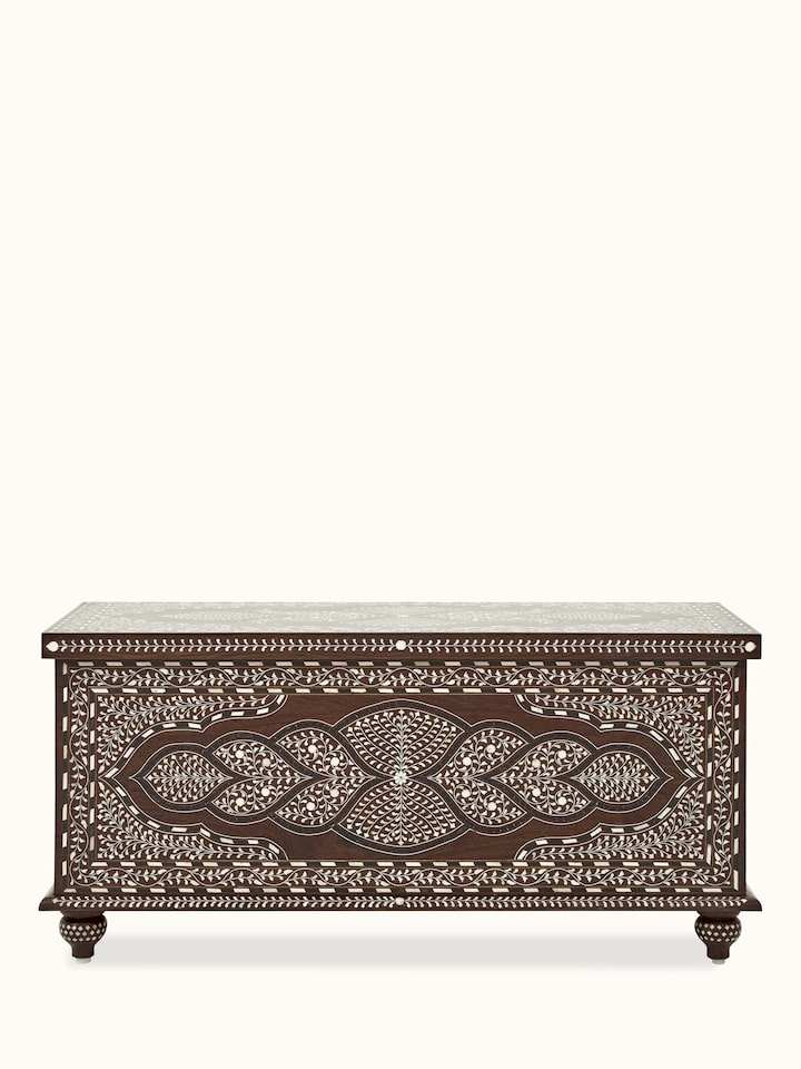 Front view of the Sheesham wood bone inlay turned leg trunk, showcasing intricate bone inlay patterns and elegant turned legs